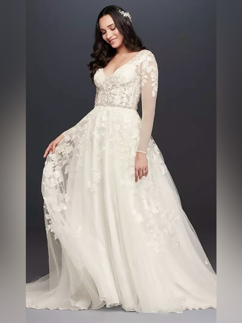 Galina Signature Illusion Sleeve Plunging Ball Gown Wedding Dress Size 2